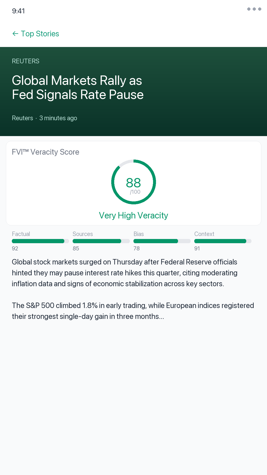 PRUUF Android app article view with veracity score breakdown