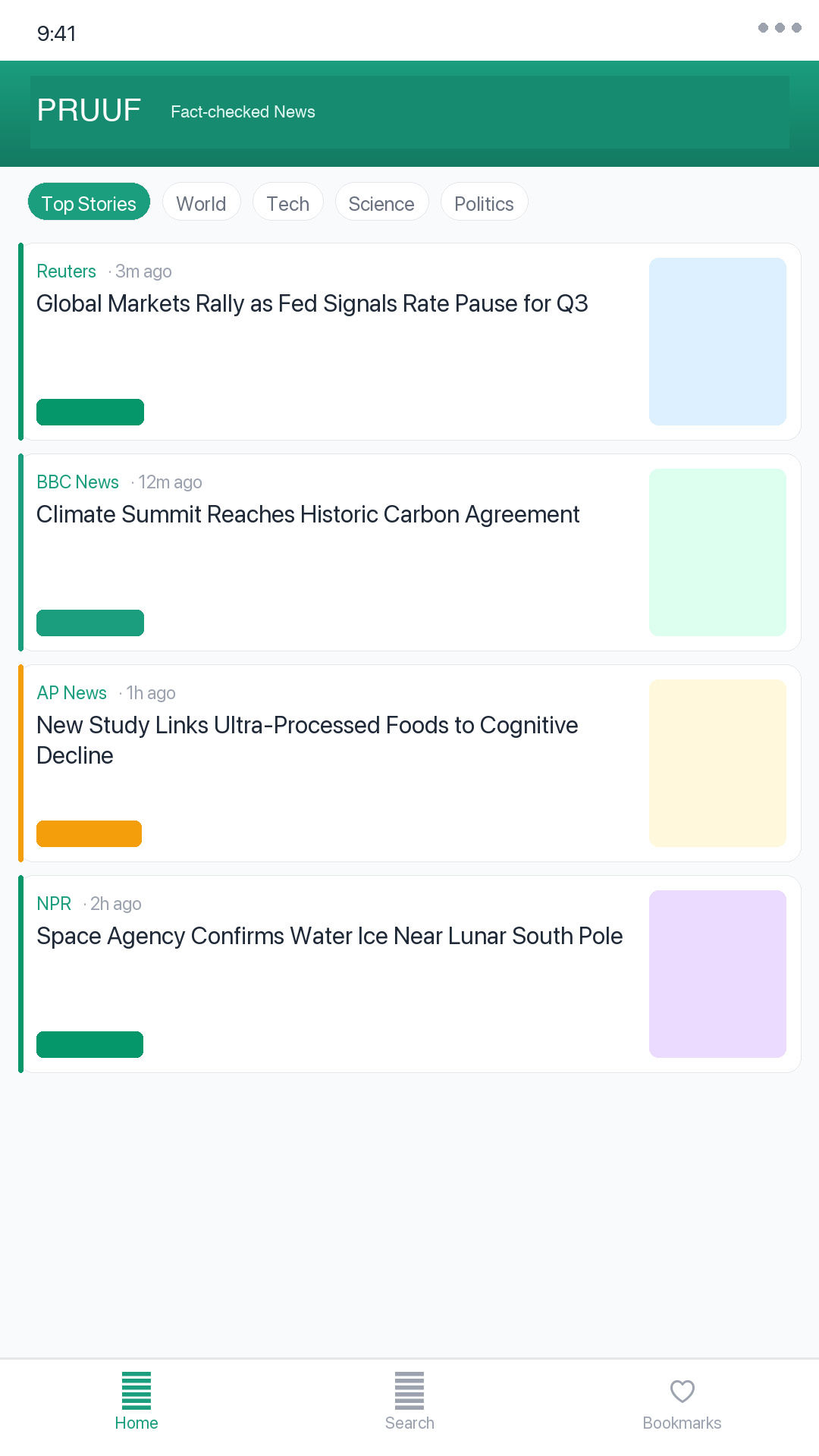 PRUUF Android app home feed with fact-checked headlines